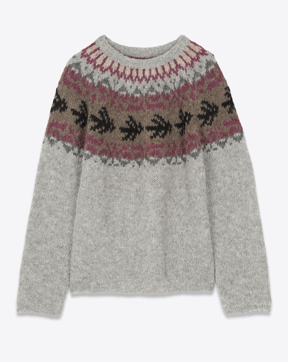 Produit Pull motif péruvien Thibault Van Der Straete en alpaga gris clair, motif beige et violet. Vue de face. 