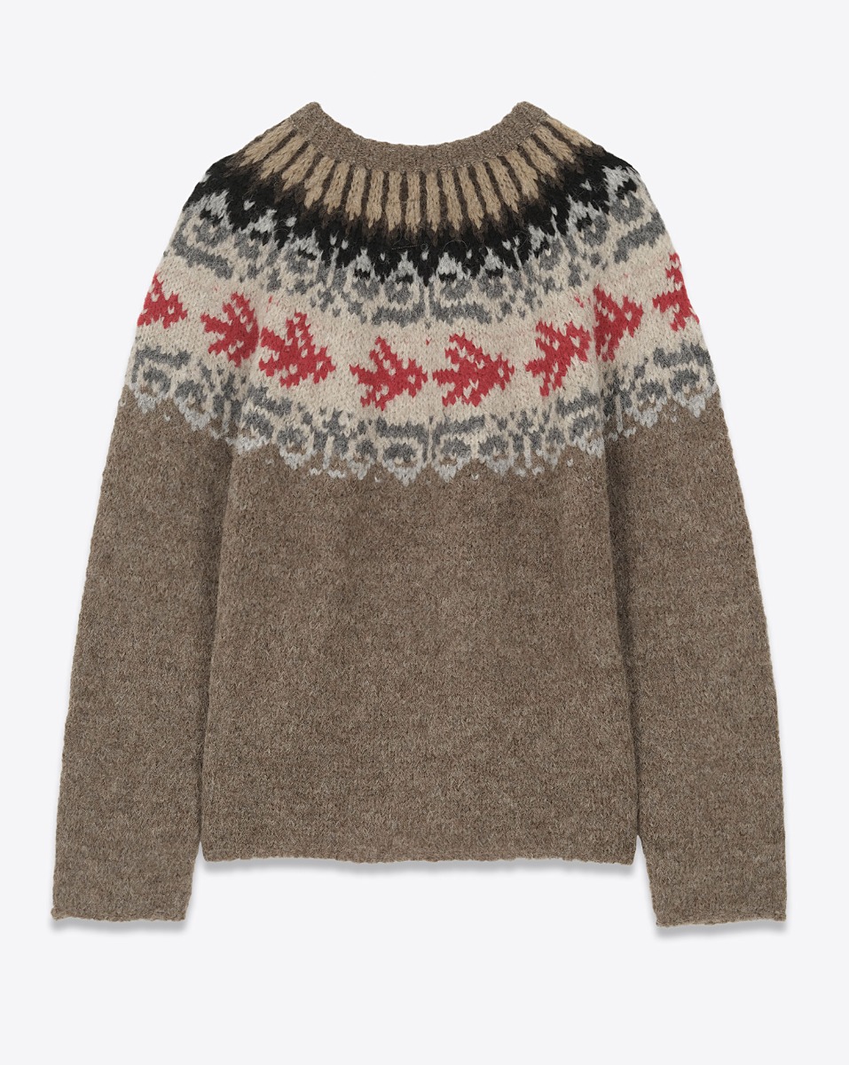 Produit Pull oversize Thibault Van Der Straete en alpaga noisette, motif placé, péruvien, écru et rouge. Vue de dos.