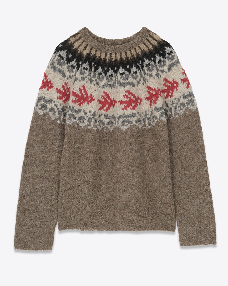 Produit Pull oversize Thibault Van Der Straete en alpaga noisette, motif placé, péruvien, écru et rouge. Vue de face.