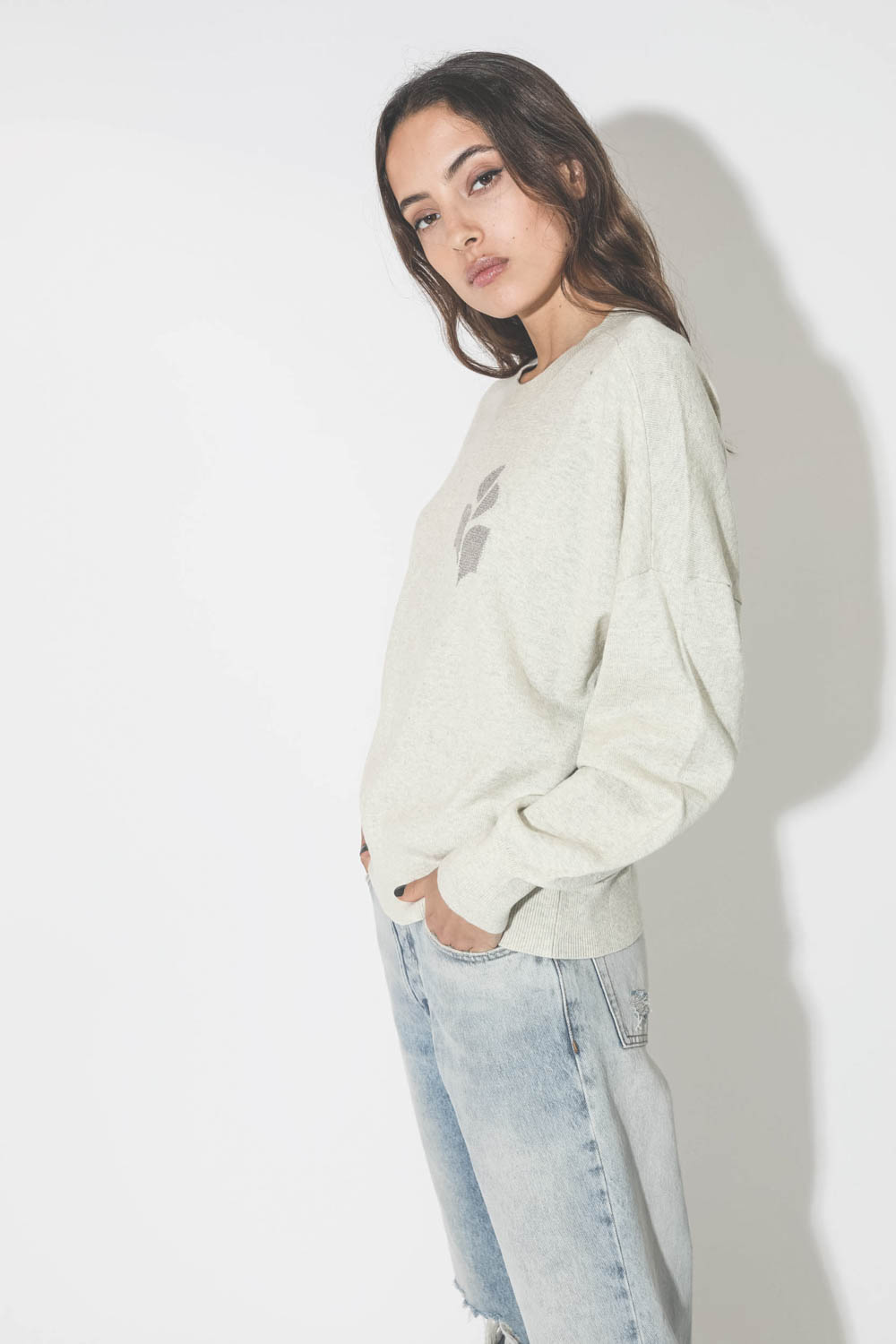 Pull col rond en coton gris clair logo argent Marisans Isabel Marant Etoile. Détail du logo argent poitrine.