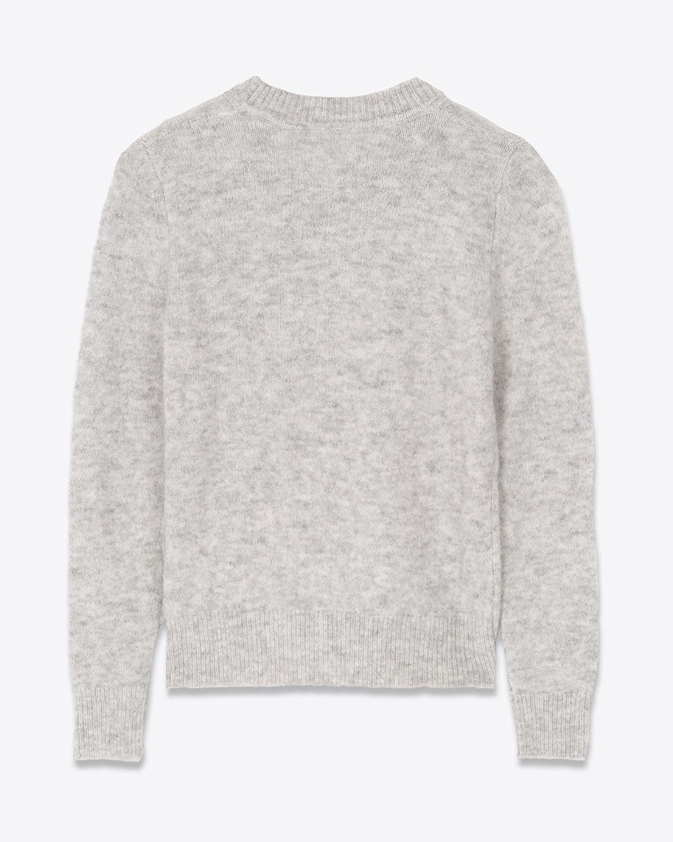 Produit Pull Isadora Isabel Marant Étoile en baby mohair mélangé gris chiné, mini-logo "Marant" écru sur le bas. Vue de dos.