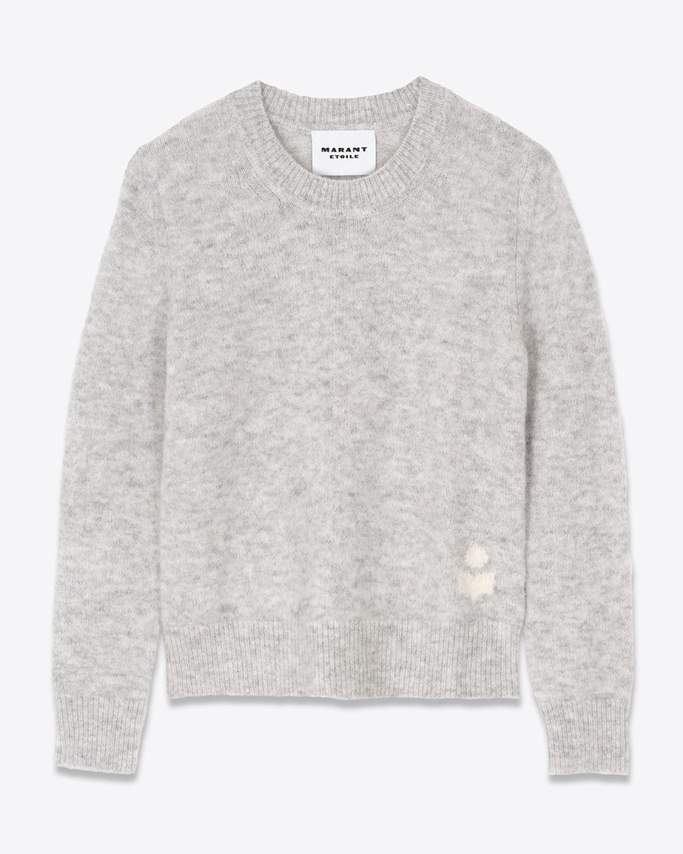 Produit Pull Isadora Isabel Marant Étoile en baby mohair mélangé gris chiné, mini-logo "Marant" écru sur le bas. Vue de face.