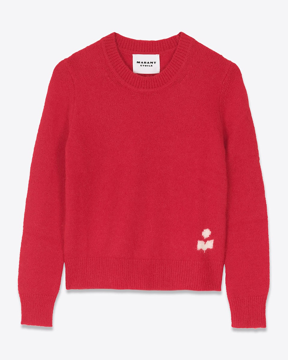 Produit Pull Isadora Isabel Marant Étoile en baby alpaga mélangé rouge, logo écru sur le bas. Vue de face.