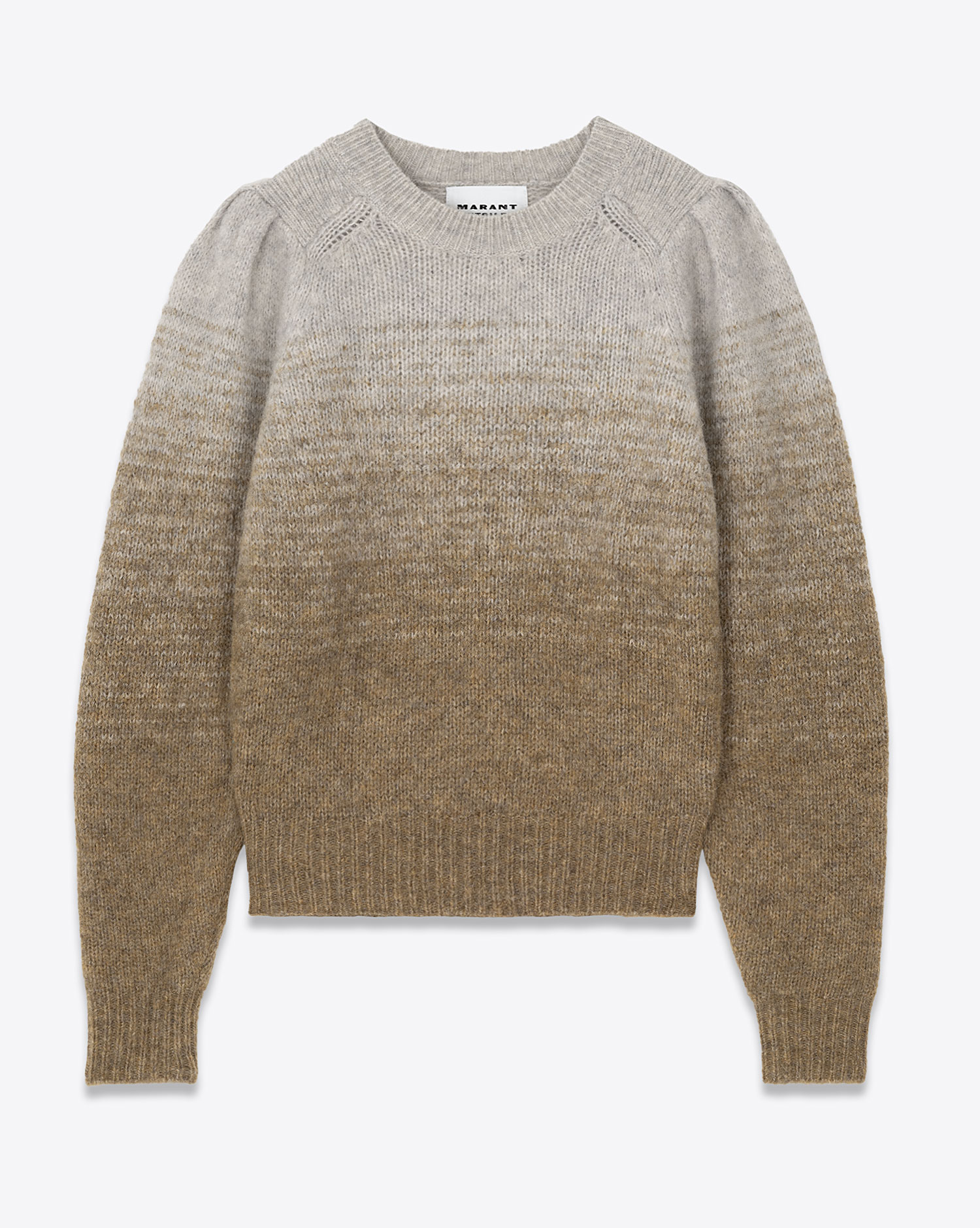 Produit Pull col rond manches gigot en alpaga chiné beige et camel Peytona Isabel Marant Etoile. Face. 