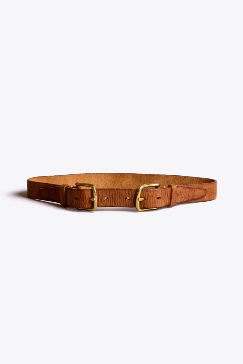 Ceinture double Buckle R13 en cuir marron clair. Vue de face.