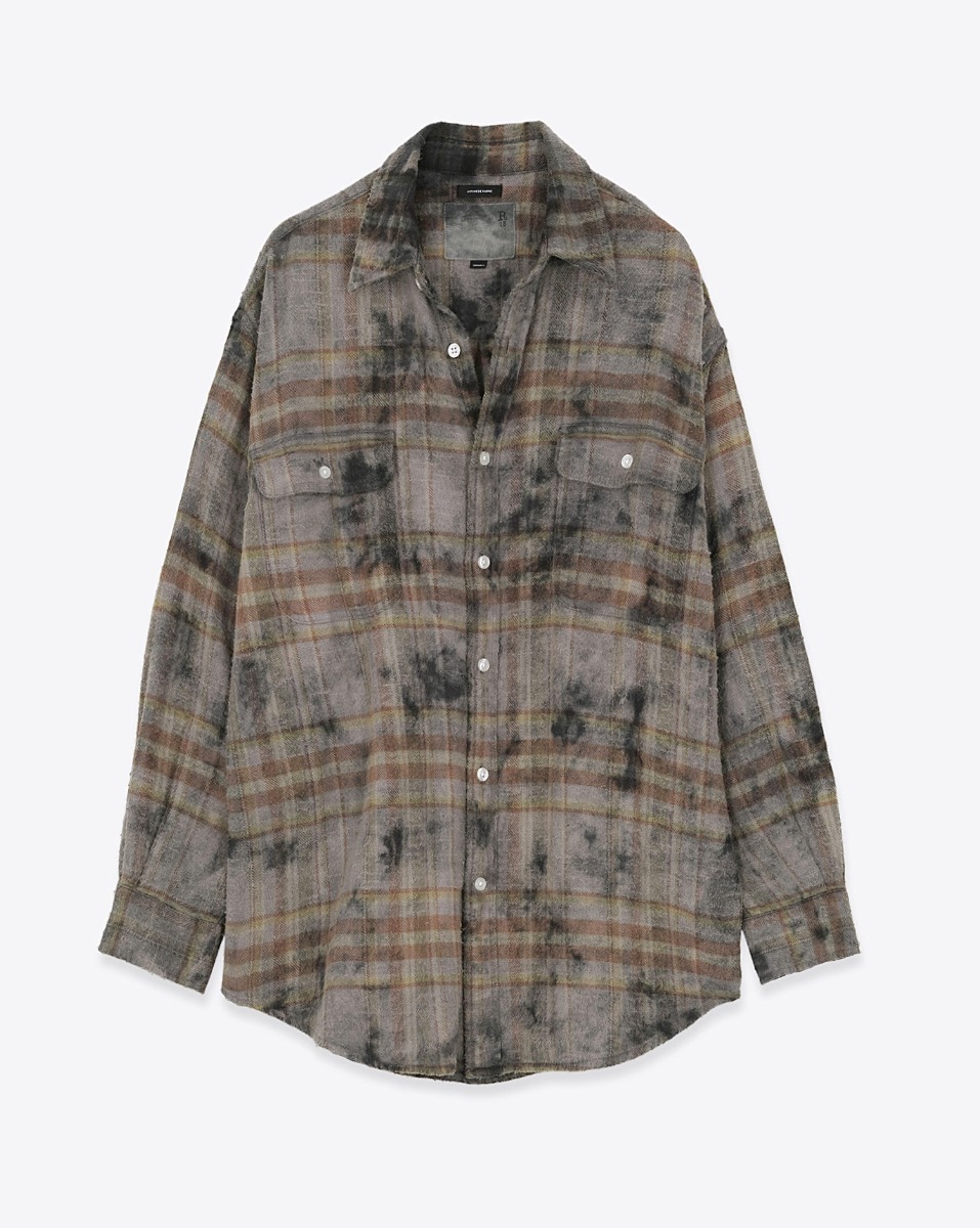 Chemise &agrave; carreaux Boyfriend R13 en coton gratt&eacute; marron. Vue de face.