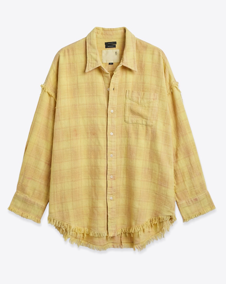 Chemise &agrave; carreaux oversize Shredded Seam Drop Neck Shirt R13 en coton jaune. Vue de face.