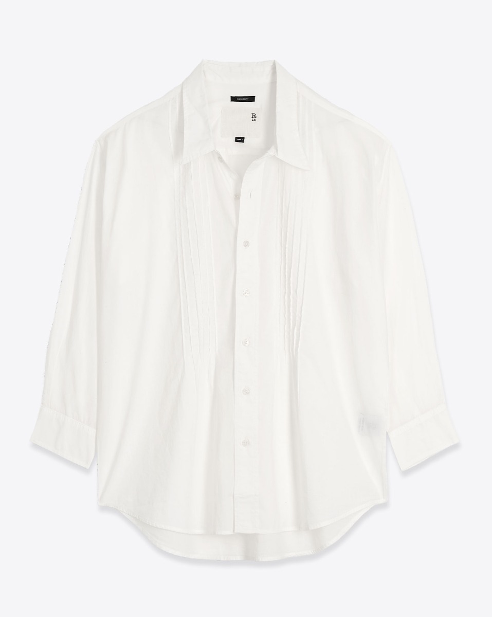 Chemise Drop Neck Pintuck R13 en popeline de coton blanc. Vue de face.