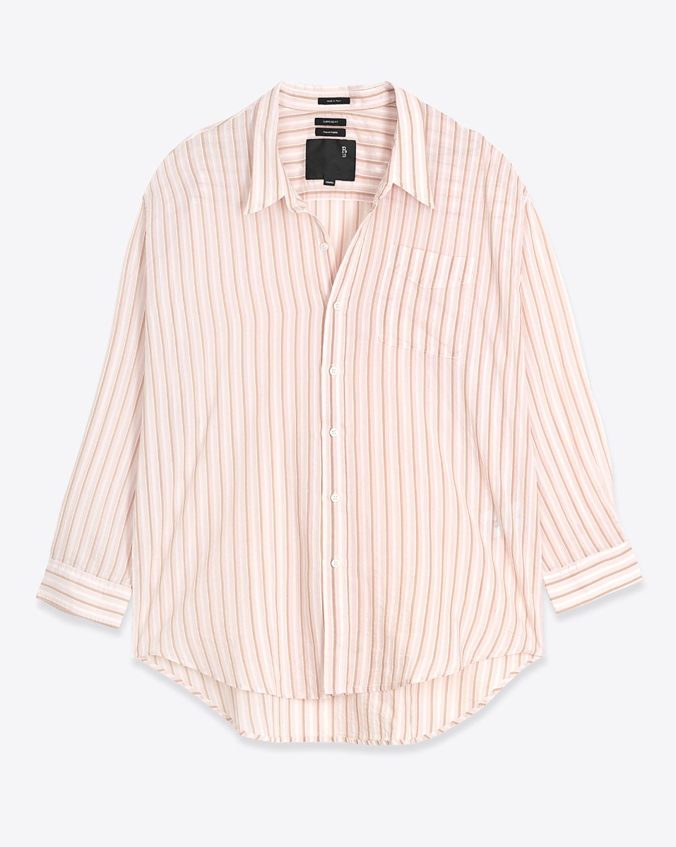 Chemise Drop Neck R13 en coton ray&eacute; rose clair et beige. Vue de face.
