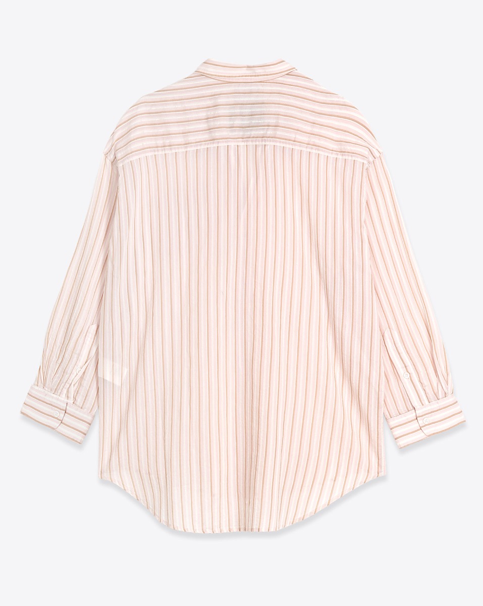 Chemise Drop Neck R13 en coton ray&eacute; rose clair et beige. Vue de dos.