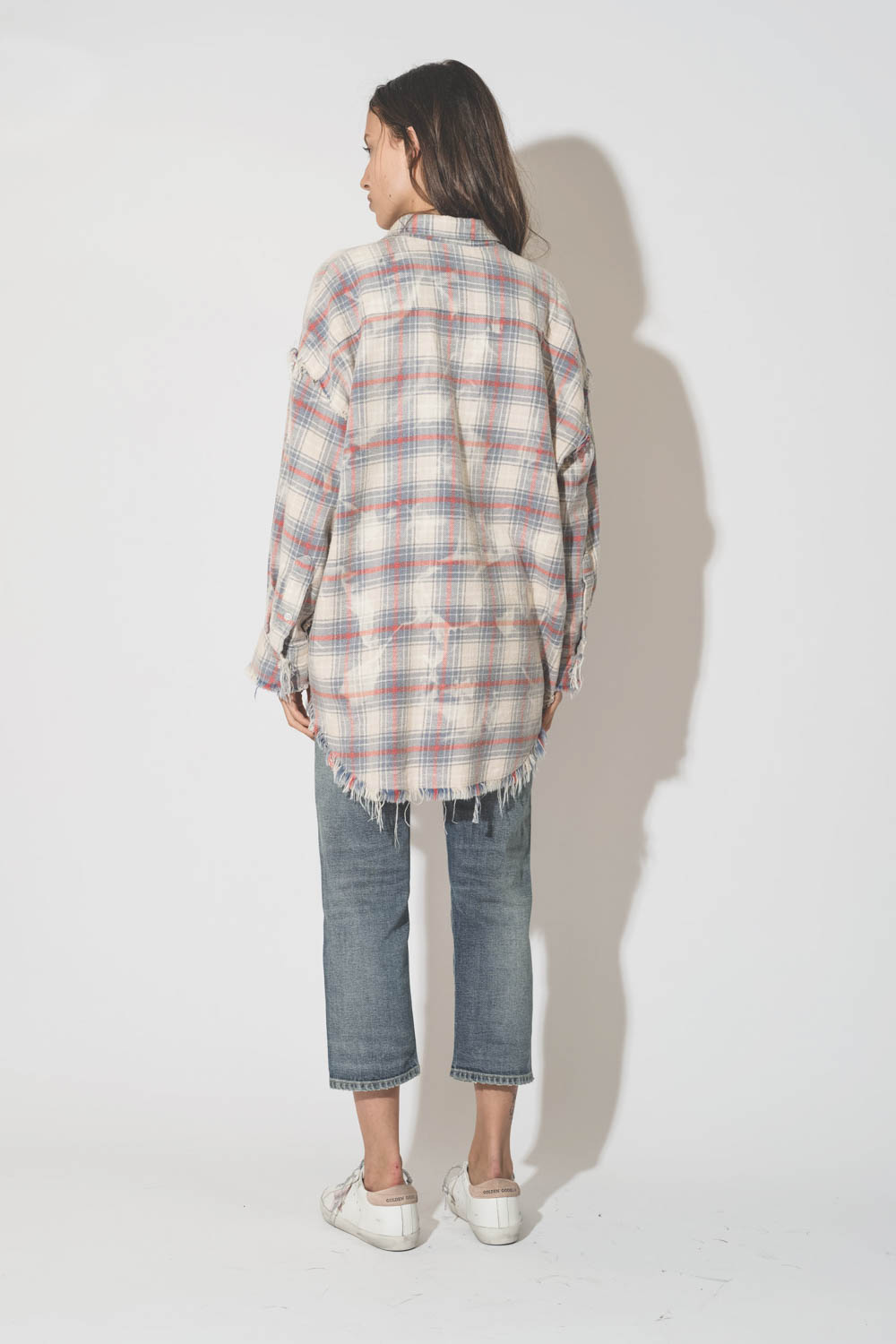 R13 Chemise Shredded Drop Neck Ecru Bleu Rouge Plaid