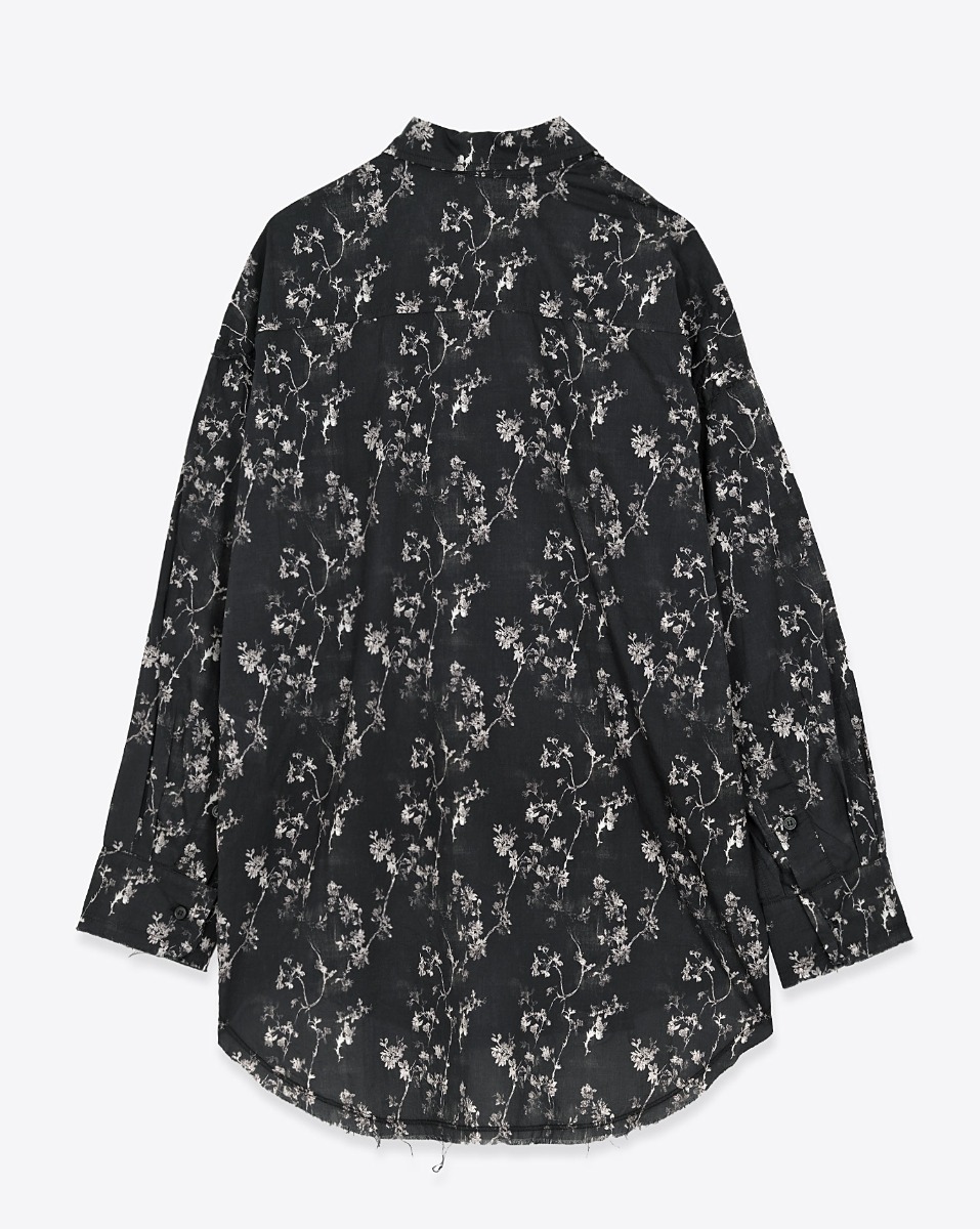 Chemise oversize &agrave; jabots R13 en voile de coton noir imprim&eacute; floral. Vue de dos.