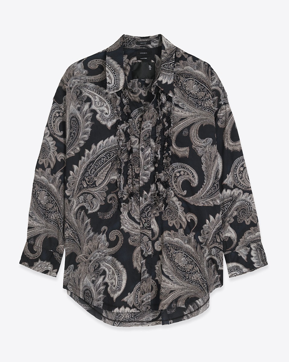 Chemise &agrave; volants Shredded Seam Ruffle shirt R13 en popeline de coton noir imprim&eacute; cachemire &laquo; Black Paisley Multiprint &raquo;. Vue de face. 
