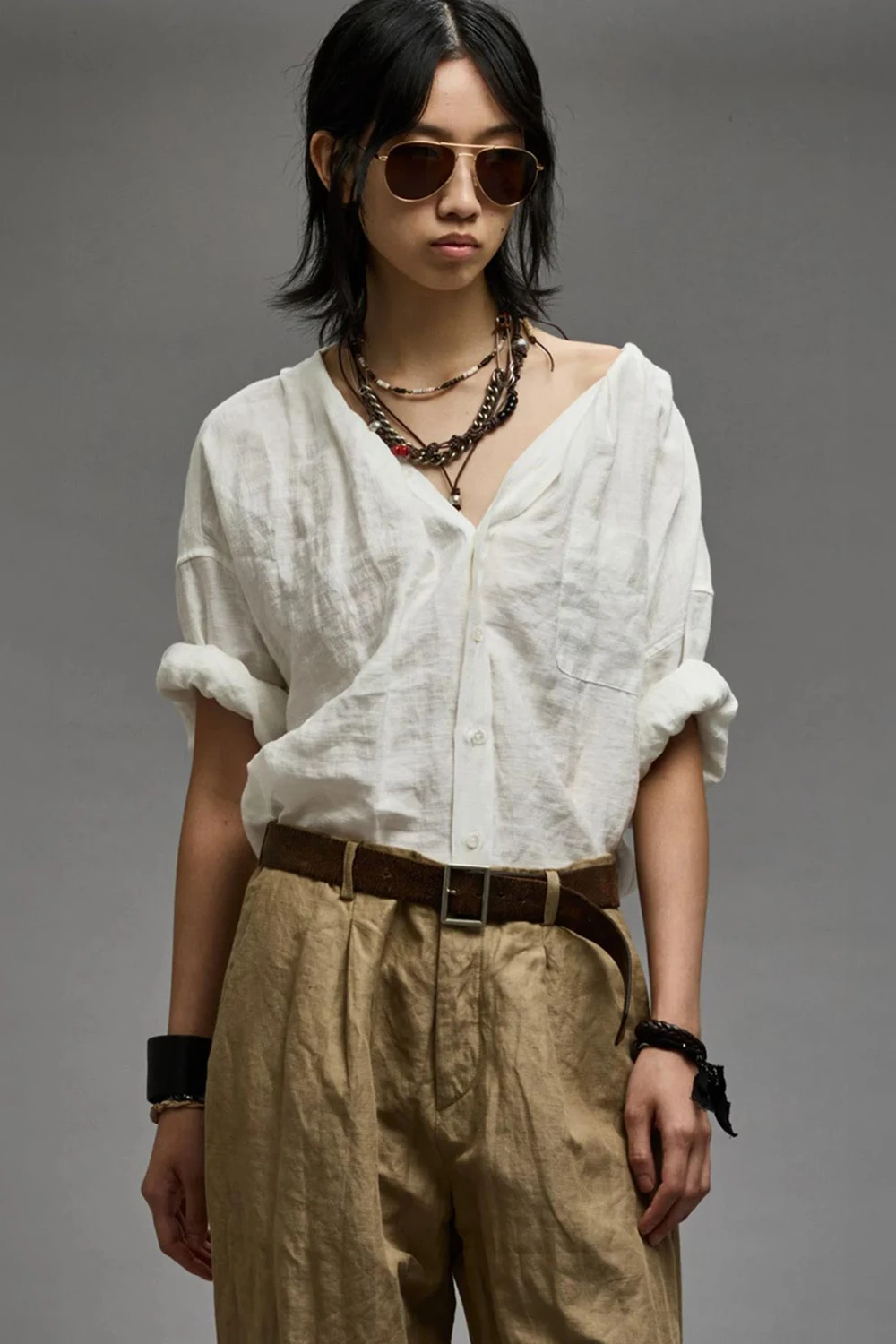 Chemise  froissée manches longues sans col en lin et viscose blanche Twisted Neck Shirt R13.