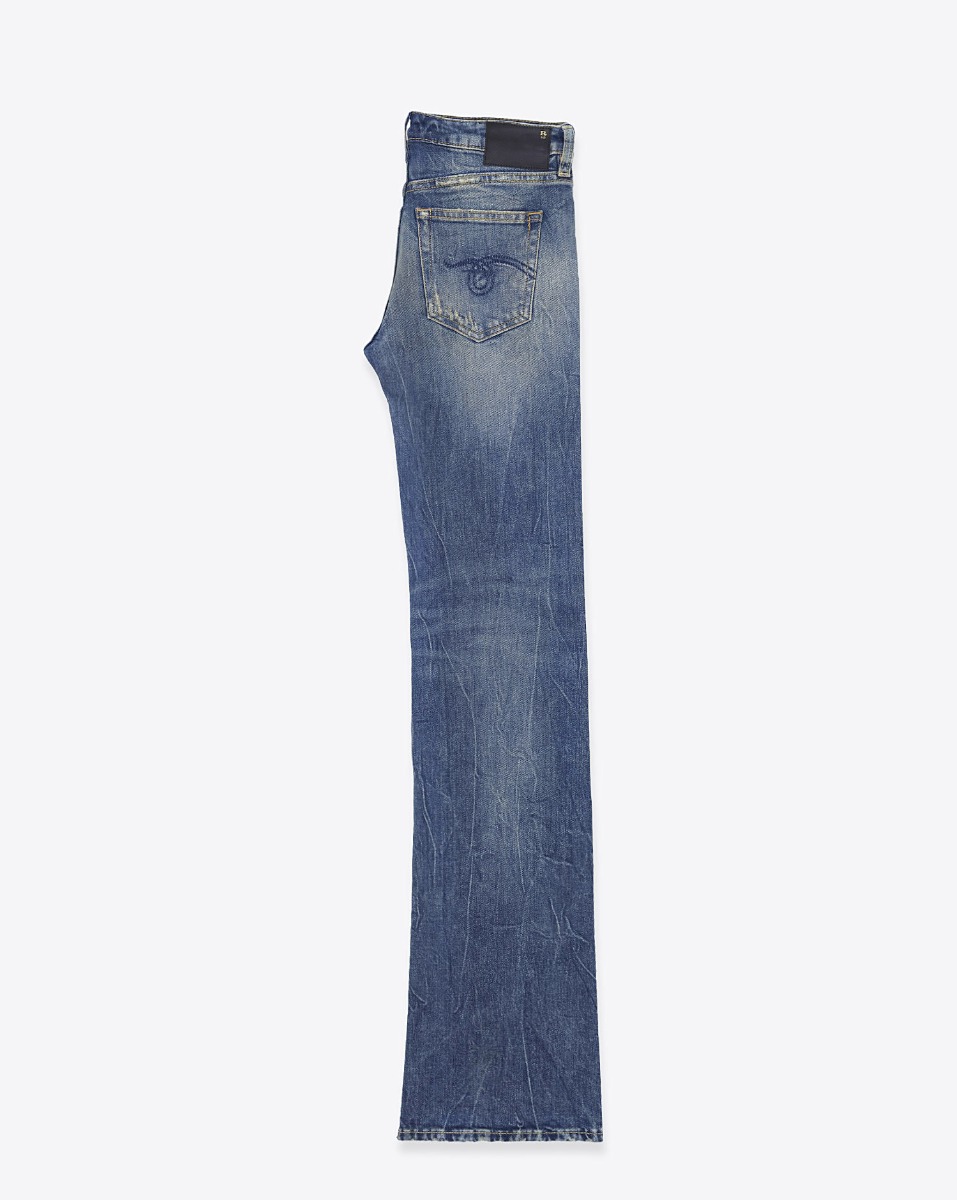 Jean taille basse &eacute;vas&eacute; Boy Flare R13 en denim bleu d&eacute;lav&eacute; Kelly Stretch. Vue de profil.