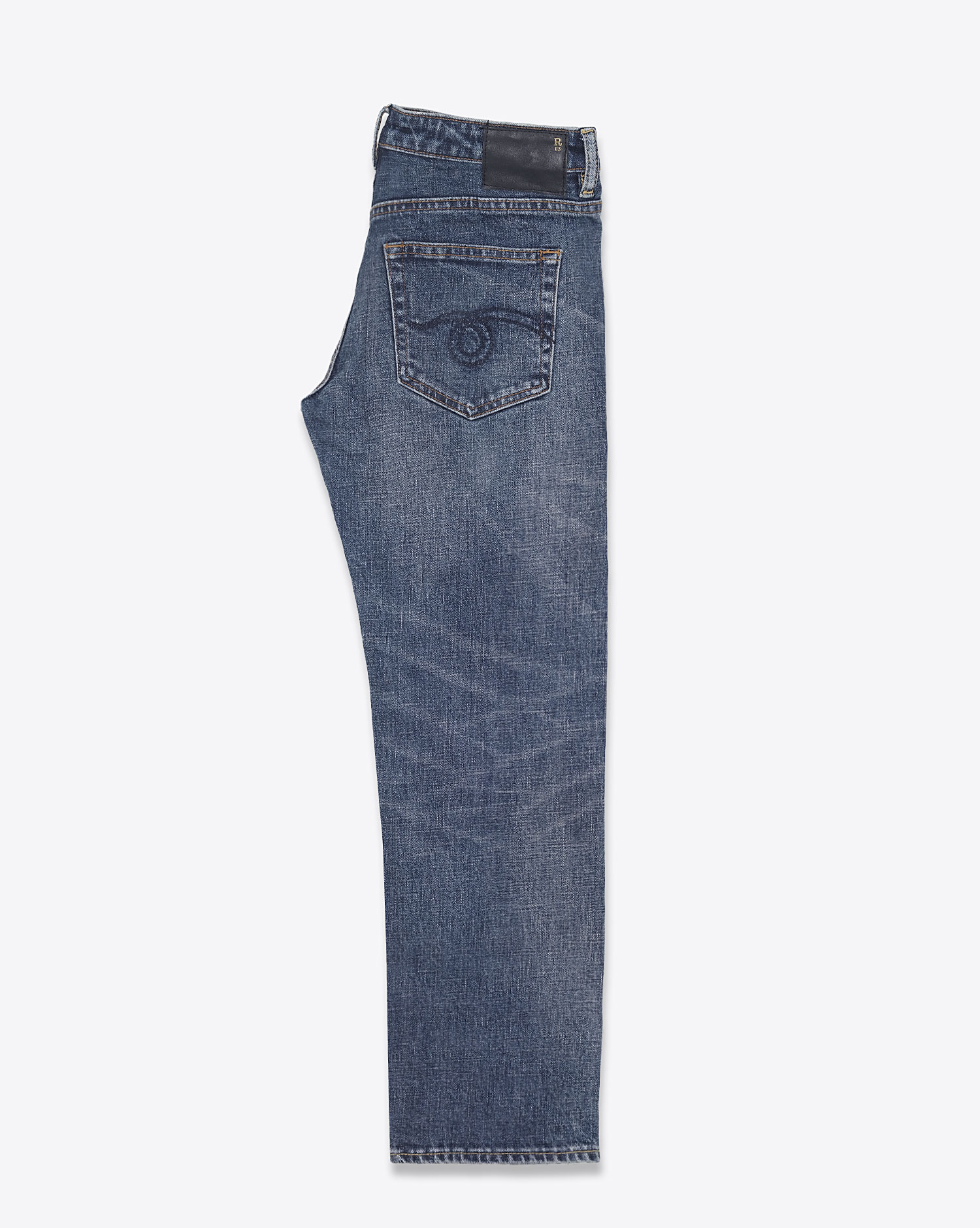 Produit Jean skinny taille basse Boy Straight délavage bleu Mire Blue Stretch R13. Profil.