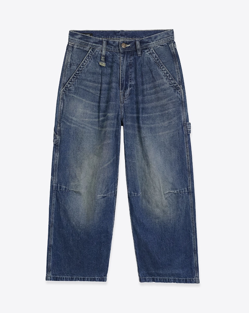 Jean Crop Wide Leg Carpenter R13 en denim bleu d&eacute;lavage &laquo; Depot Blue &raquo;. Vue de face.