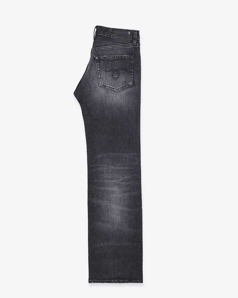 Jean court &eacute;vas&eacute; Joan Cropped Flare R13 en denim noir noir d&eacute;lav&eacute; Essex Black Stretch. Vue de profil.