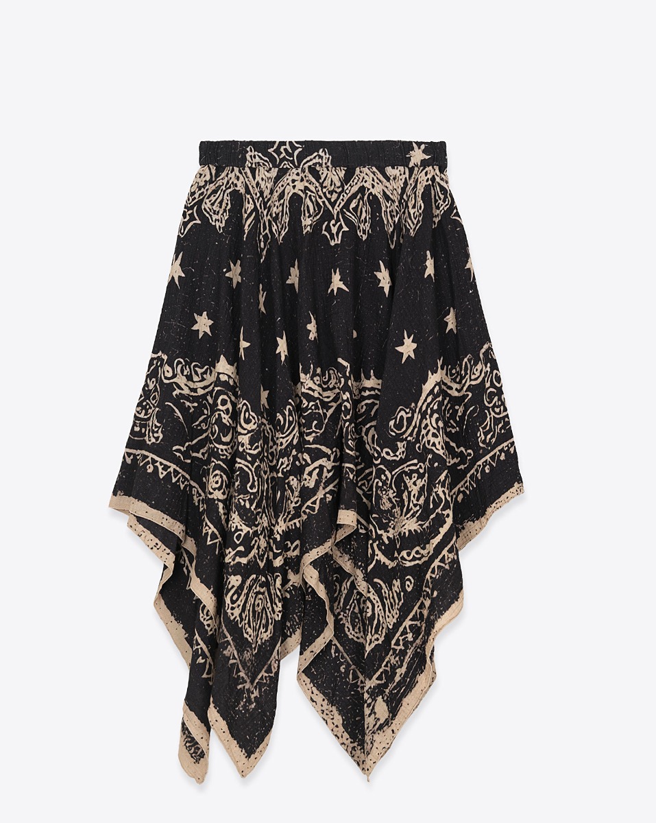 Jupe sous le genou Bandana R13 en coton imprim&eacute; Bandana noir &eacute;cru. Vue de face.