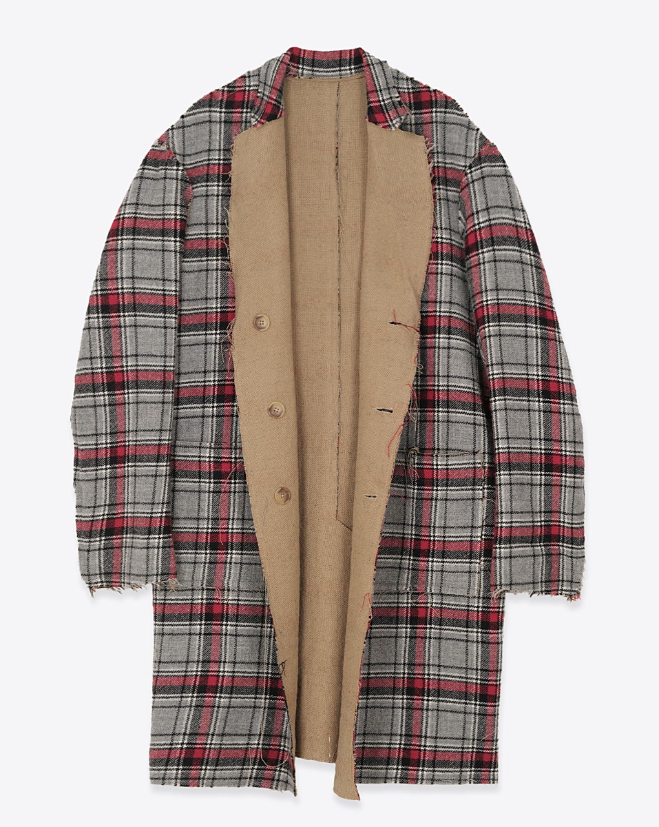 Manteau oversize réversible Raw Cut R13. Plaid Italien double face. Vue de face ouvert côté carreaux.