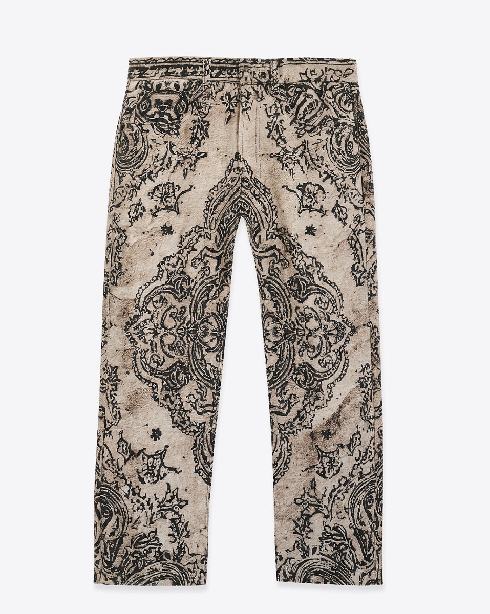 Pantalon 5 poches X-boyfriend R13 en lin imprim&eacute; Bandana beige. Vue de face.