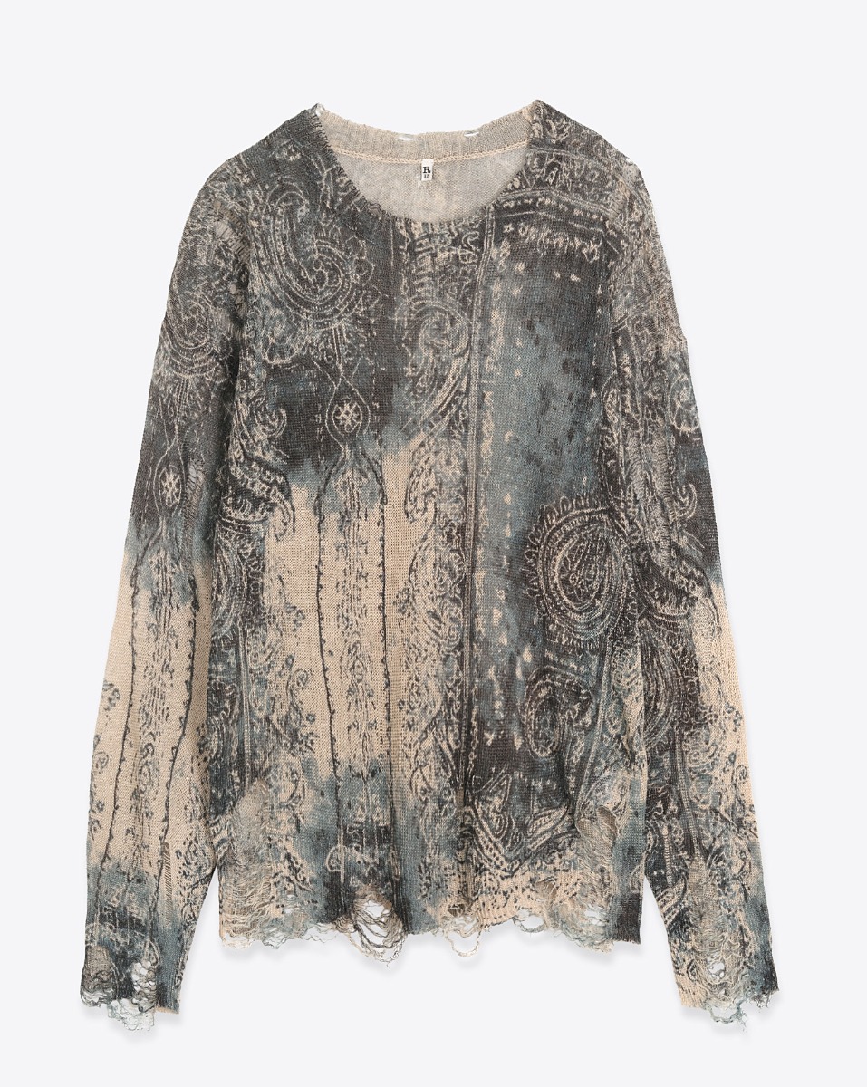 Pull Boyfriend R13 en lin imprim&eacute; Bandana bleu et beige d&eacute;lav&eacute;. Vue de face. 