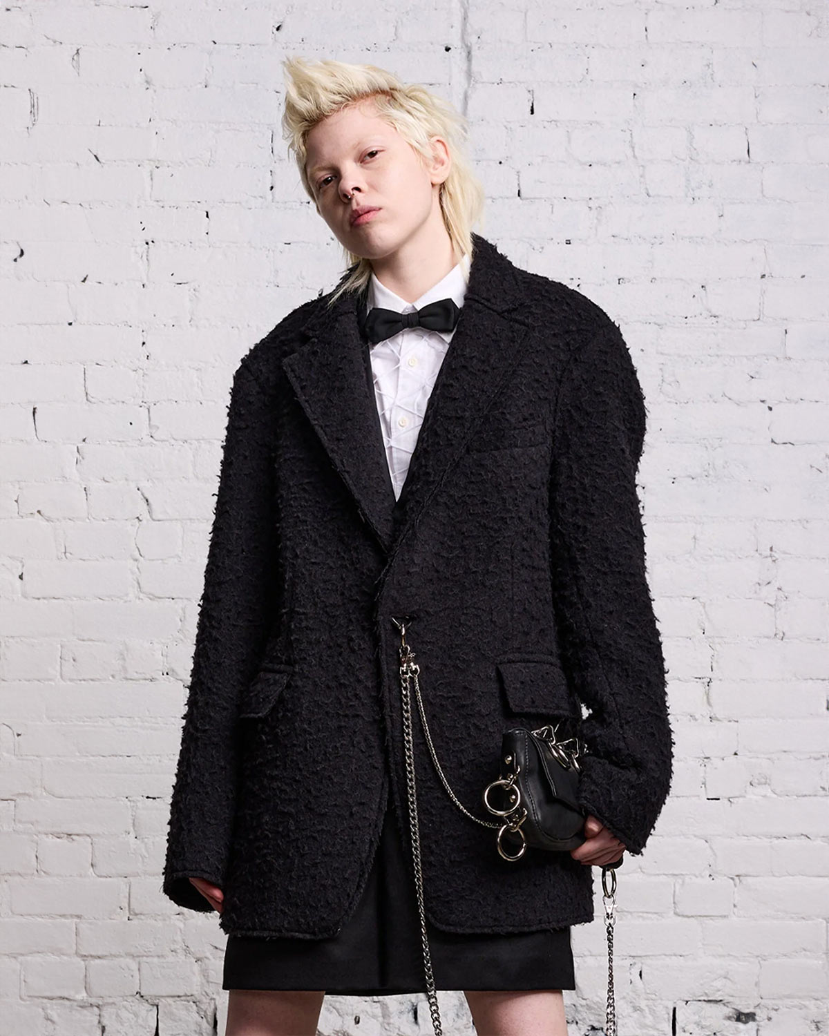 Veste oversize en laine grattée noire fermeture anneau et chaine en métal argent R13.