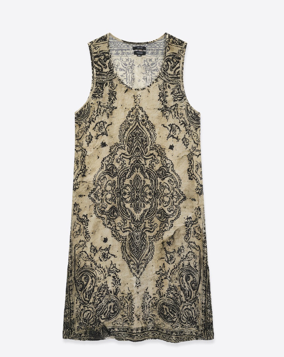 Robe d&eacute;bardeur Knee-length Sleeveless Midi R13 en cupro imprim&eacute; Bandana beige et noir. Vue de face.