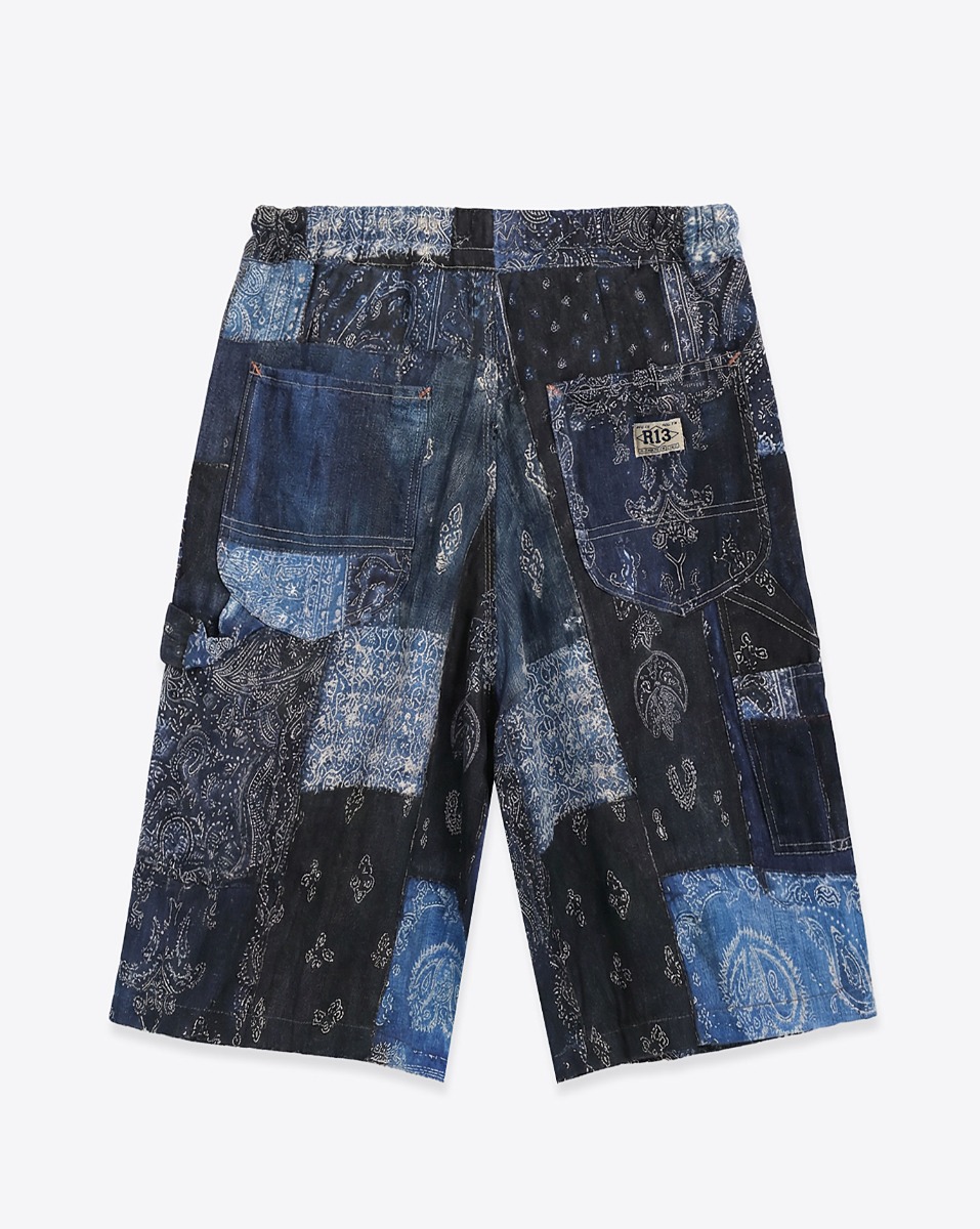 Short long sarouel Carpenter Jesse R13 en coton imprim&eacute; bandana bleu. Vue de dos.