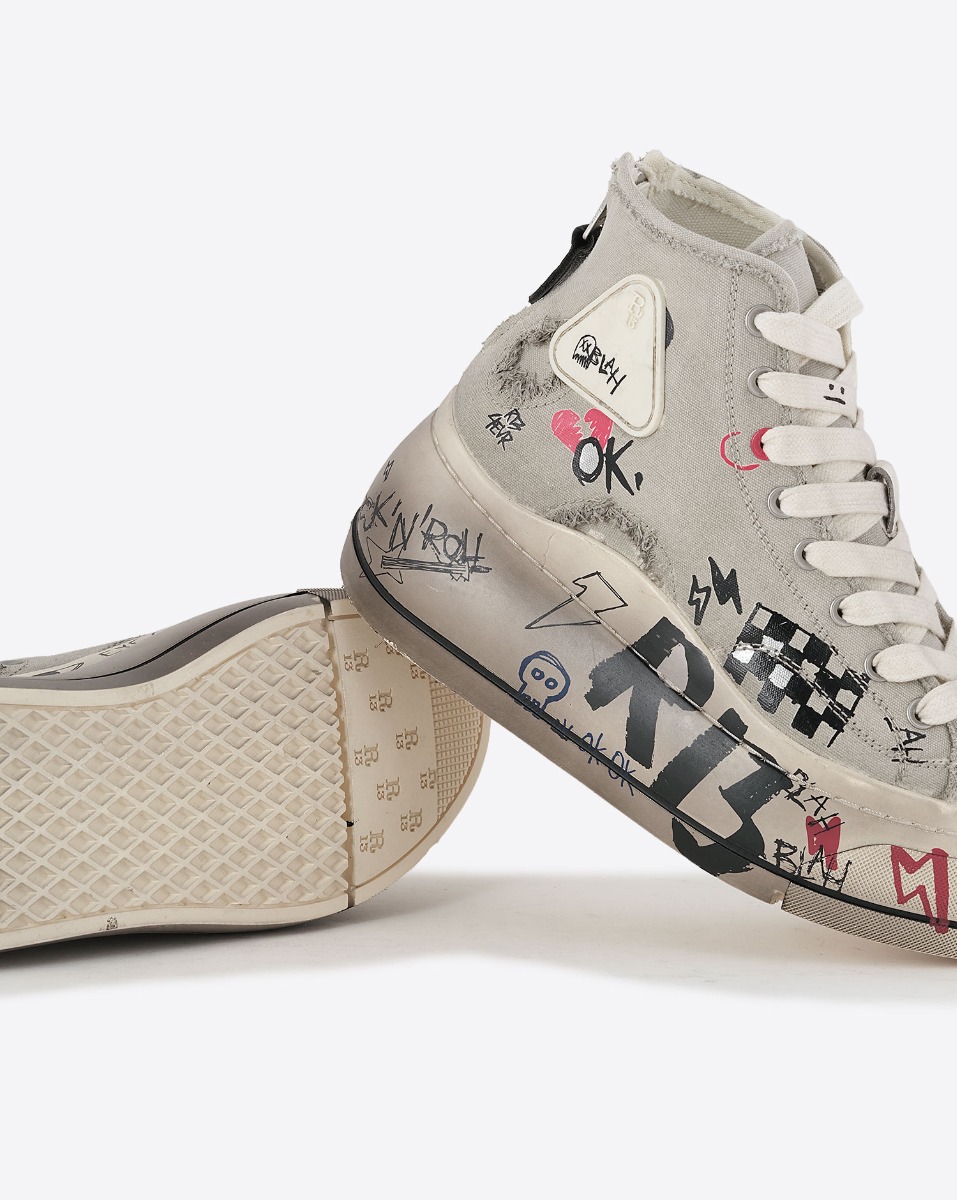 Sneakers compens&eacute;es Kurt R13 en toile grise customis&eacute;es. D&eacute;tail de la semelle.