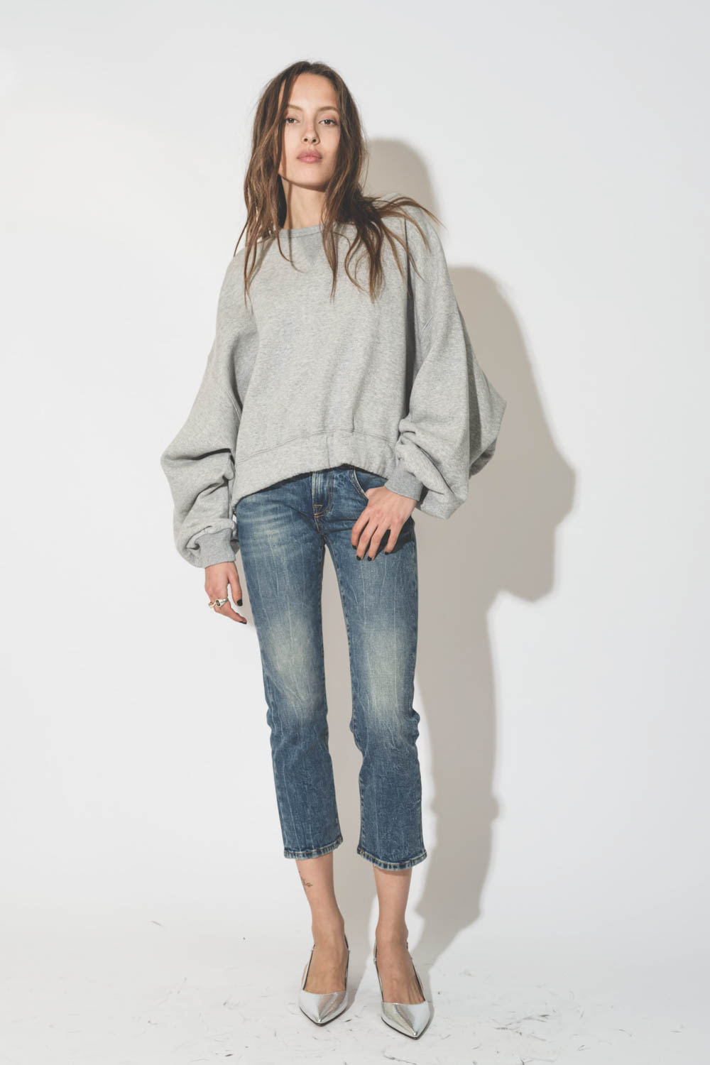 R13 Denim Sweatshirt Jumbo Cropped Heather Grey