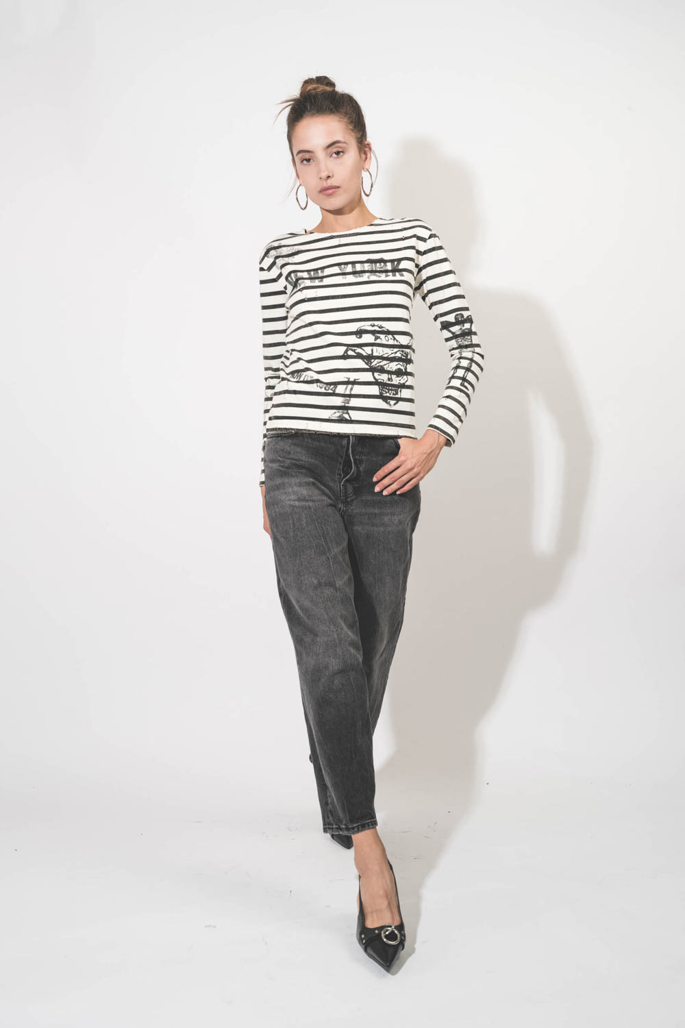 R13 Tee-Shirt New York Breton – Rayé Noir et Blanc