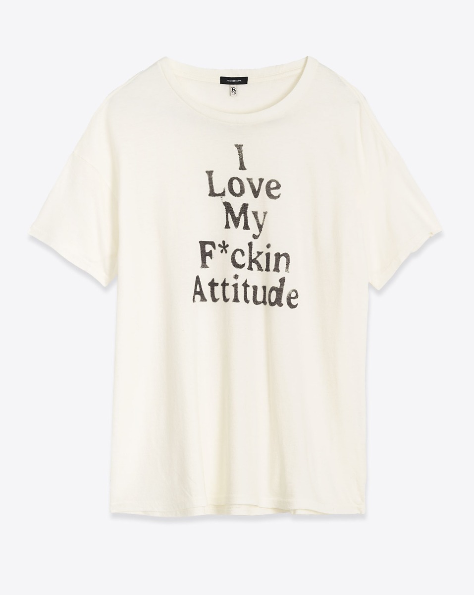 T-shirt R13 &eacute;cru s&eacute;rigraphie &laquo; I Love My F*chin Attitude &raquo;. Vue de face.