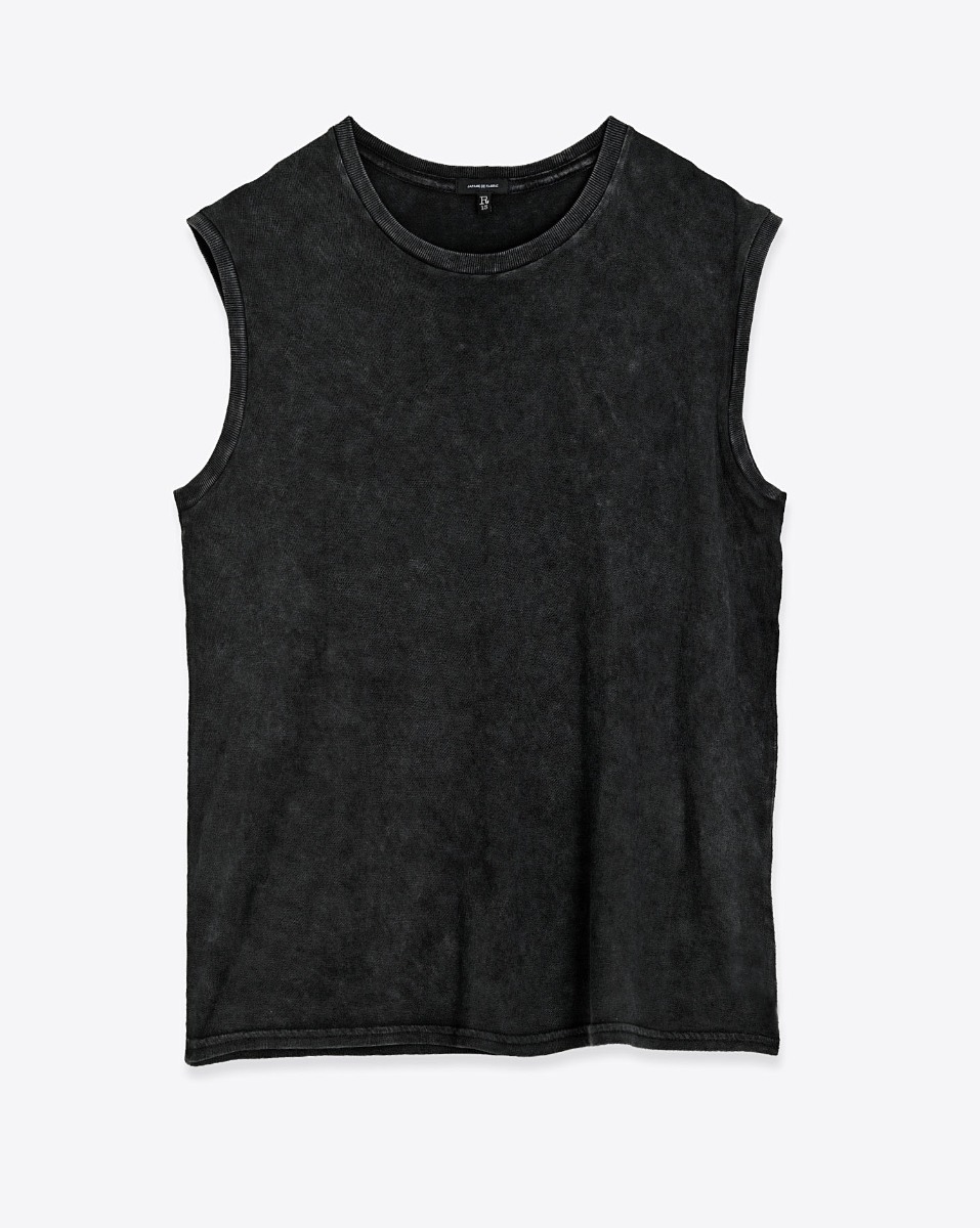 T-shirt Sleeveless T R13 en coton et cachemire noir d&eacute;lav&eacute;. Vue de face.