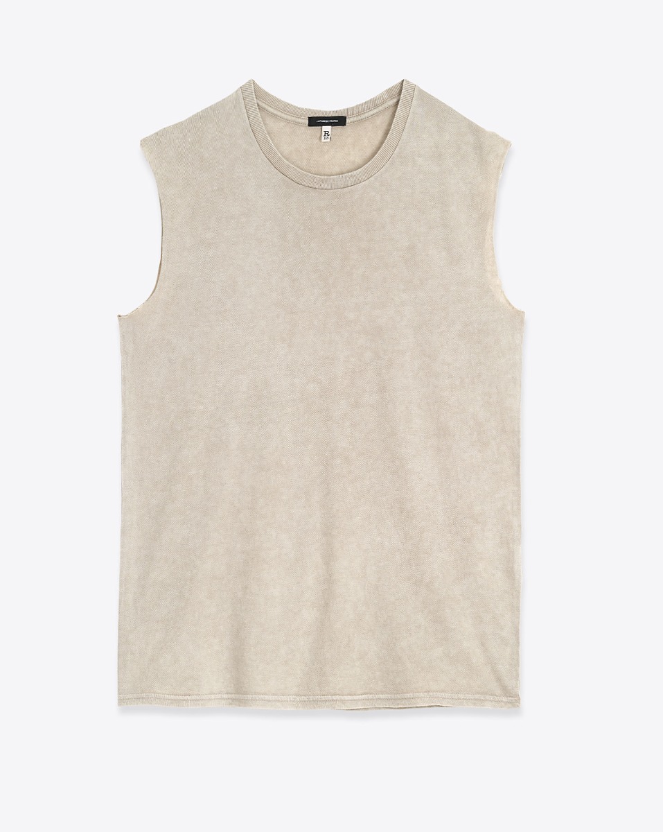 T-shirt Sleeveless Boy T R13 en coton et cachemire beige &laquo; Khaki Acid Stone &raquo;. Vue de face.