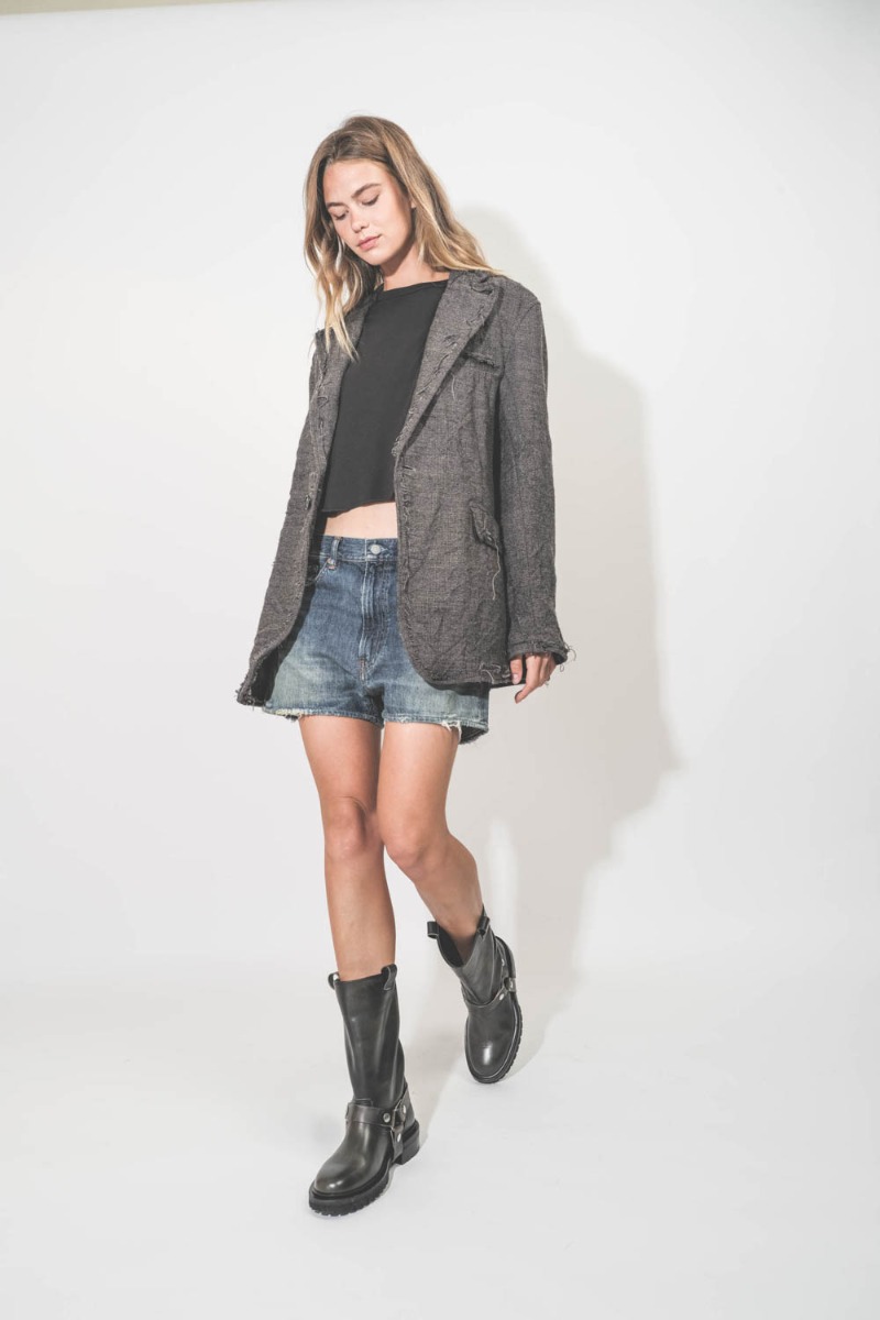 Veste Frayed Edge Ragged Blazer Dark Grey Plaid R13. Portée ouverte.