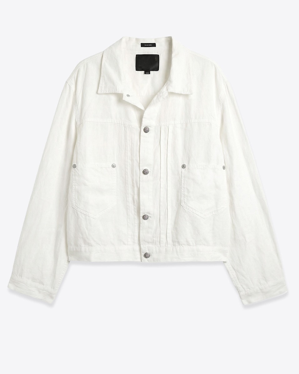 Veste Relaxed Pleated Trucker Jacket R13 en lin blanc. Vue de face.