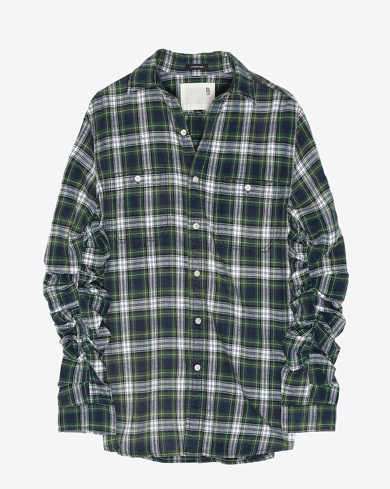 R13 Denim Pré-Collection Pleated Sleeve Shirt - Green Plaid  