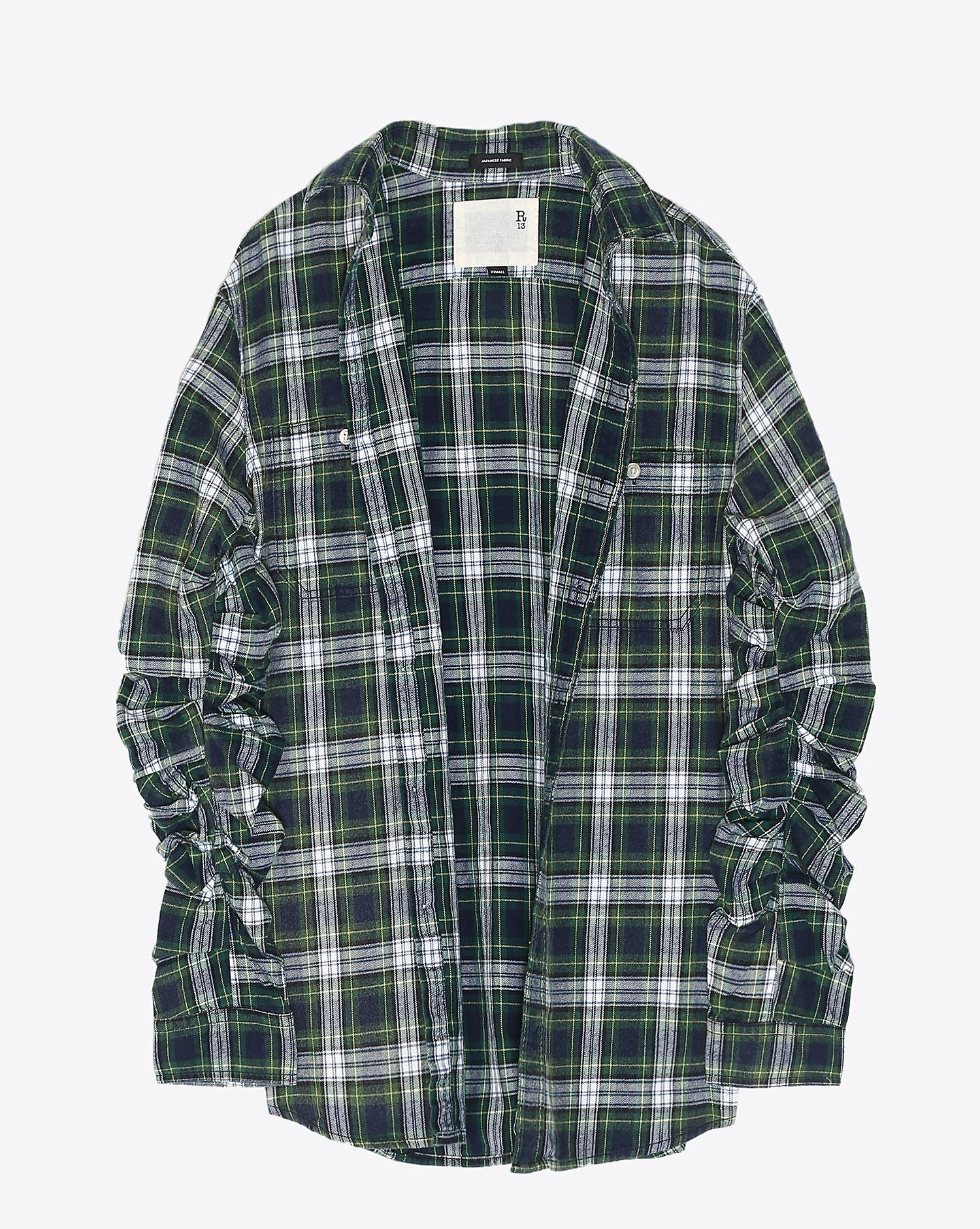 R13 Denim Pré-Collection Pleated Sleeve Shirt - Green Plaid  