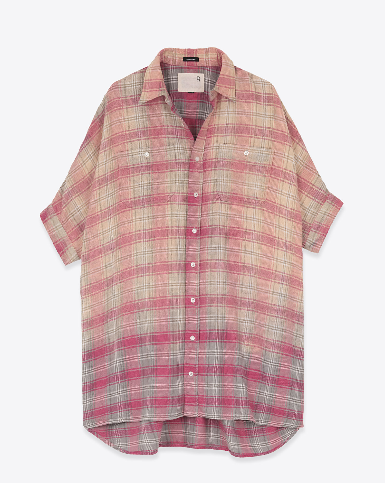Robe chemise oversize Boxy R13 à carreaux roses et gris. Vue face. 