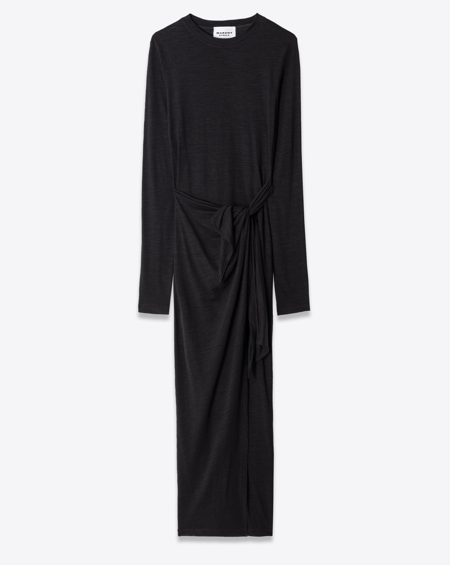 Robe mi-longue manches longues drapée en jersey uni noir Lisy Isabel Marant Etoile. Face.