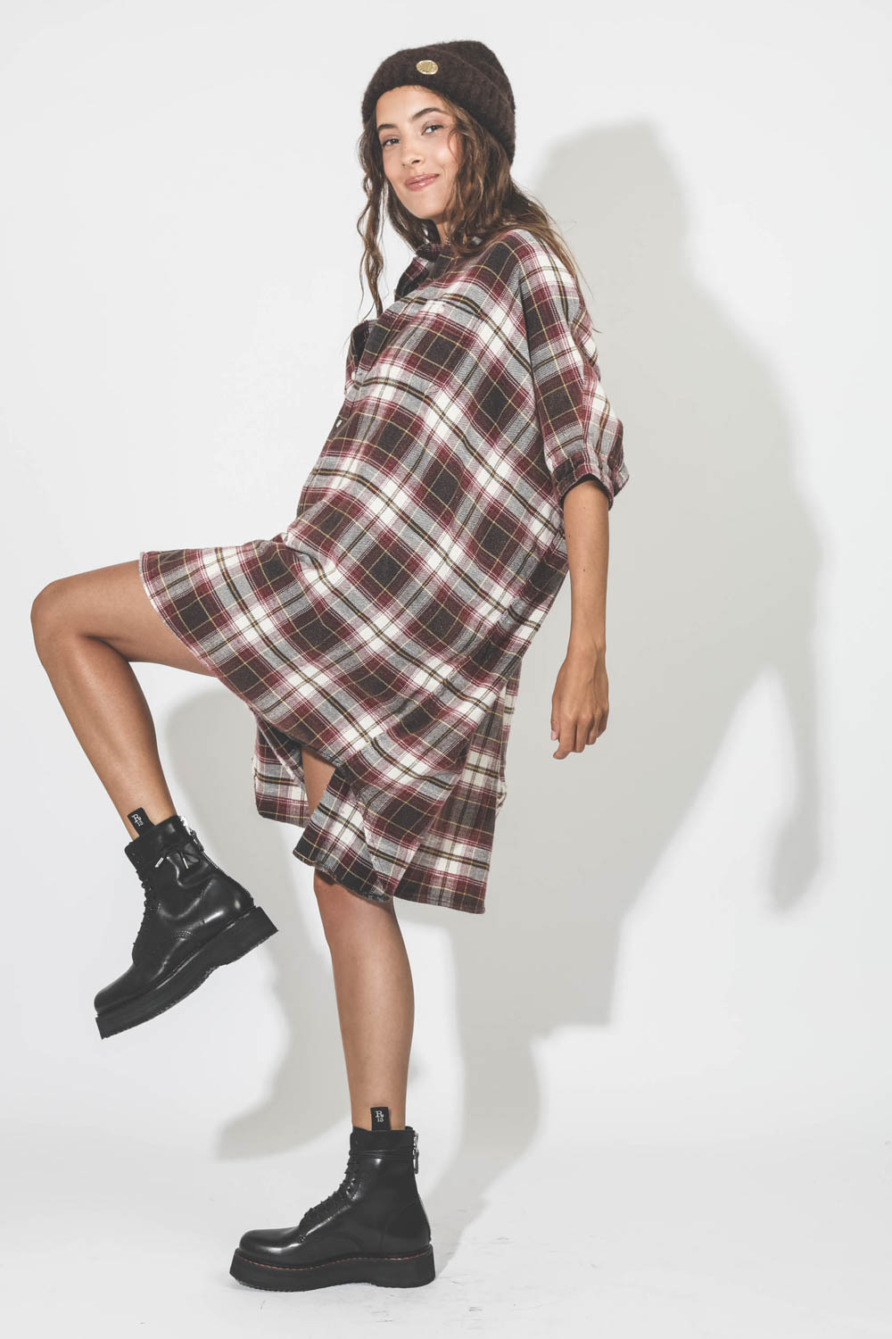 Robe Chemise R13 Denim Plaid Oversized Boxy Ecru/Maroon Plaid