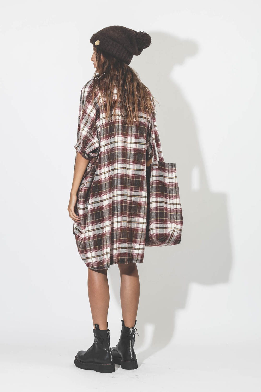 Robe Chemise R13 Denim Plaid Oversized Boxy Ecru/Maroon Plaid