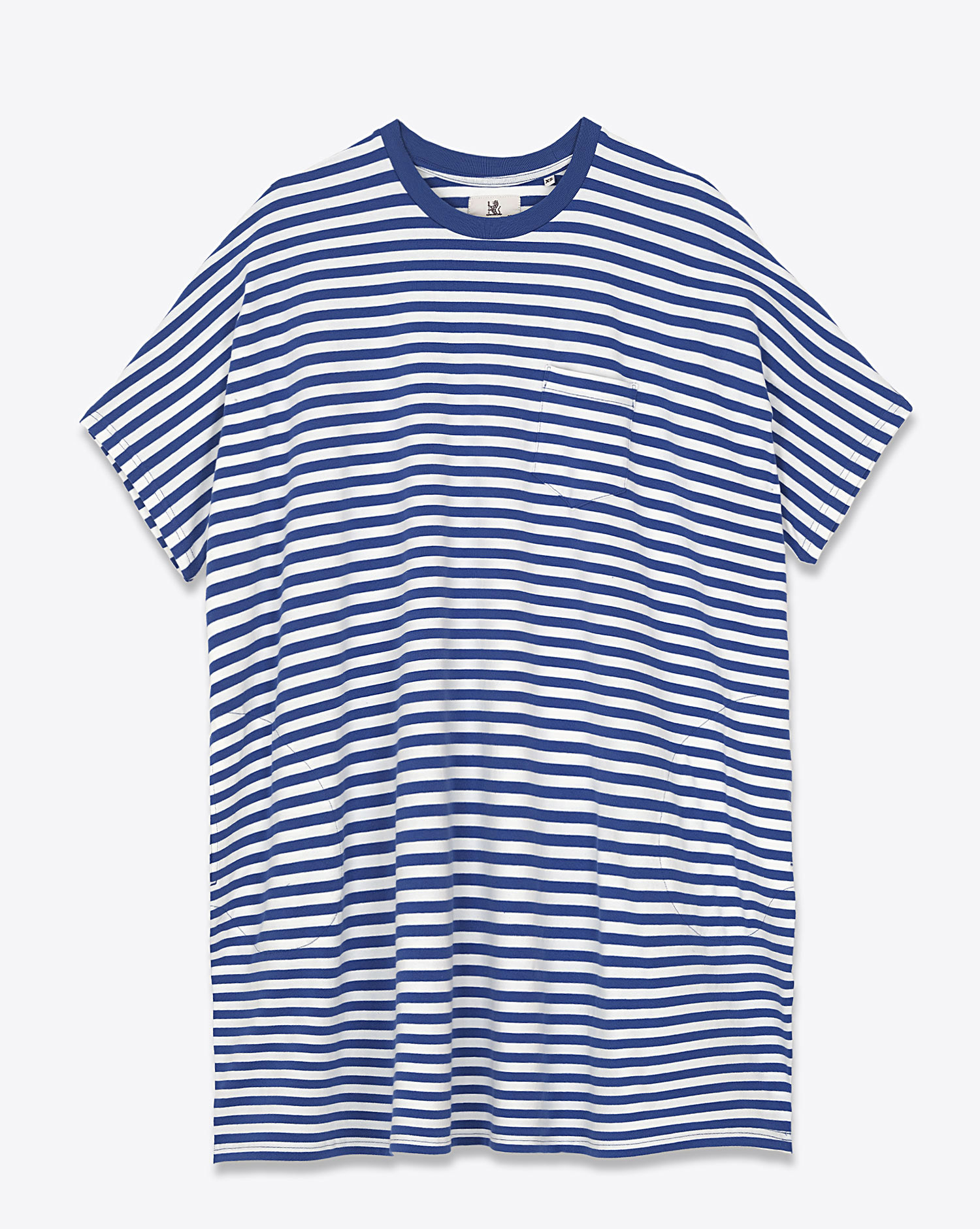 Produit Robe tee-shirt Pocket Denimist à rayures bleues et blanches. Face. 