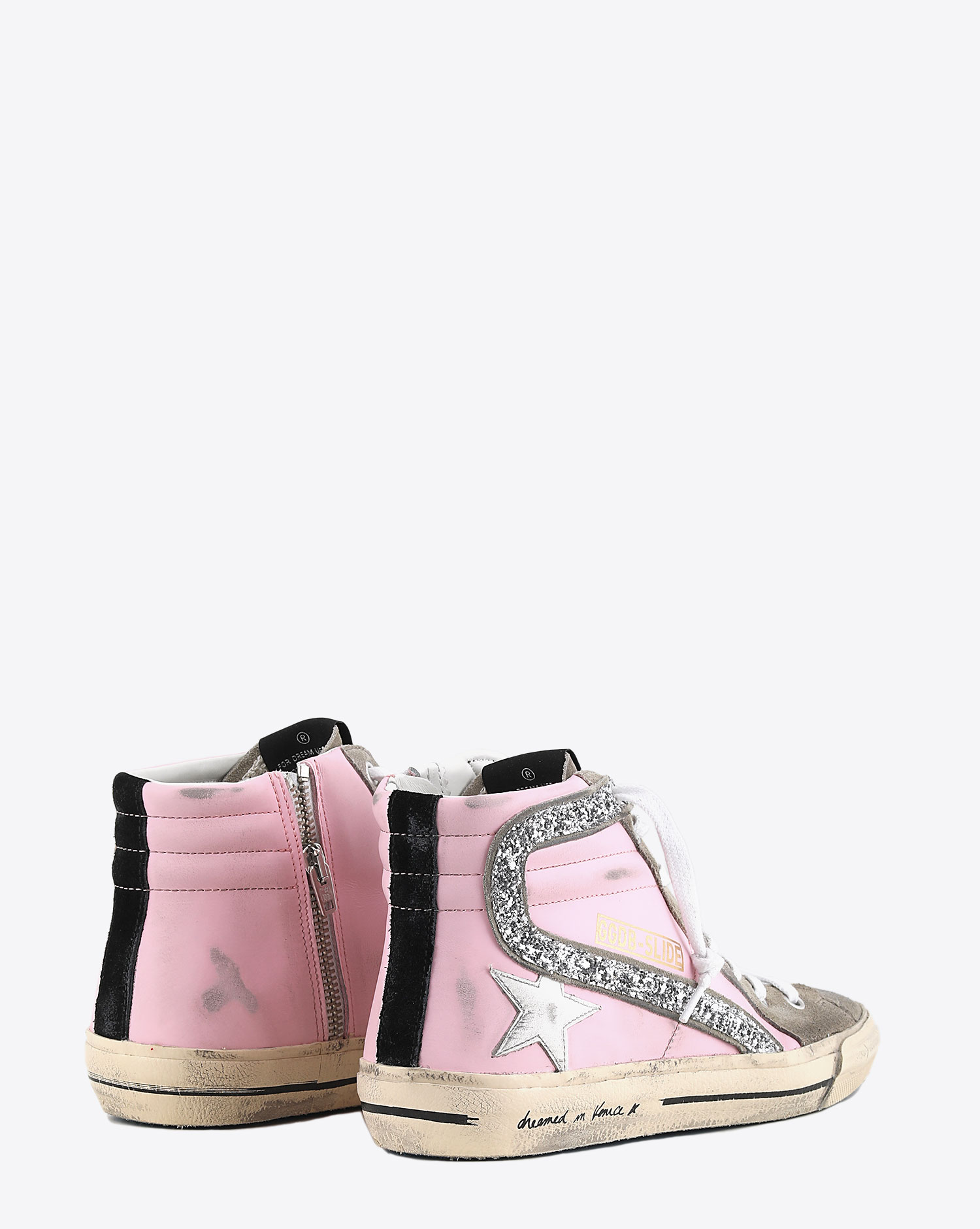 Sneakers Slide en cuir rose Golden Goose. Dos. 