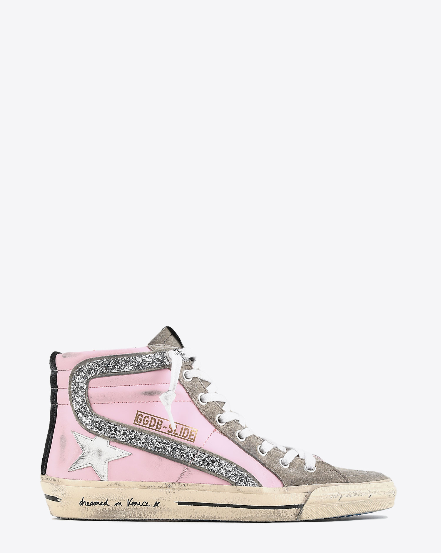 Sneakers Slide en cuir rose Golden Goose. Profil.