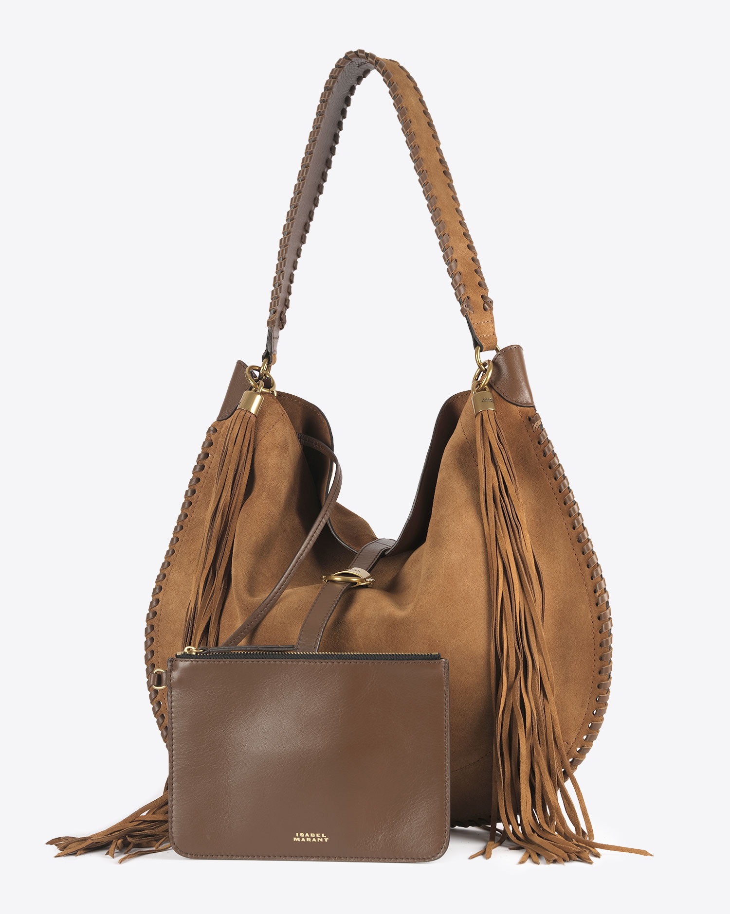 Produit Sac besace avec pochettes Altay Isabel Marant en cuir suédé marron. Vue face. 