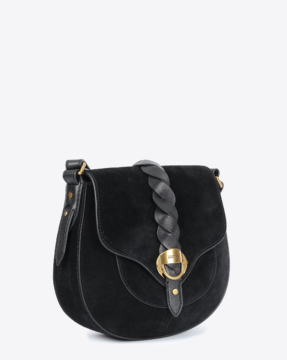 Sac Altay Small Isabel Marant en cuir suédé noir. Porté épaule ou croisé. Profil.