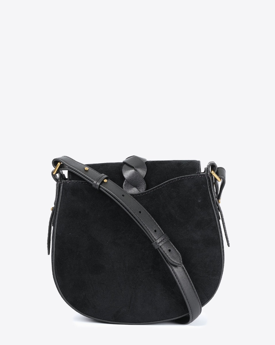 Sac Altay Small Isabel Marant en cuir suédé noir. Porté épaule ou croisé. Détail de la poche plaqué dos. 