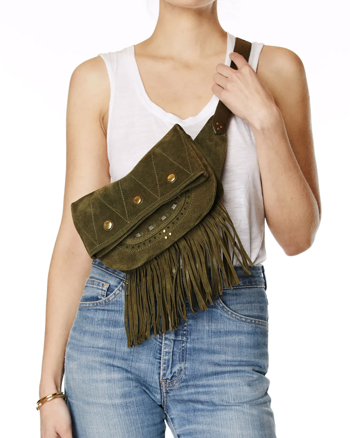 Jérôme Dreyfuss sac banane Jerry veau velours Avocat. Porté crossbody avec franges.